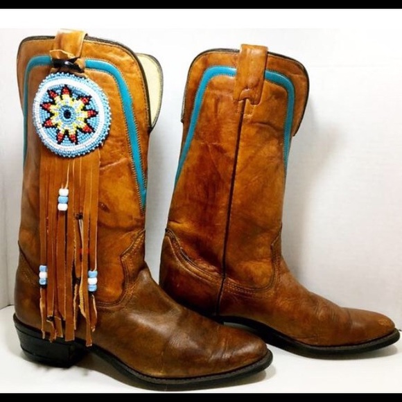 Tan Texas Cowgirl Boots with beads and fringe - Picture 2 of 6